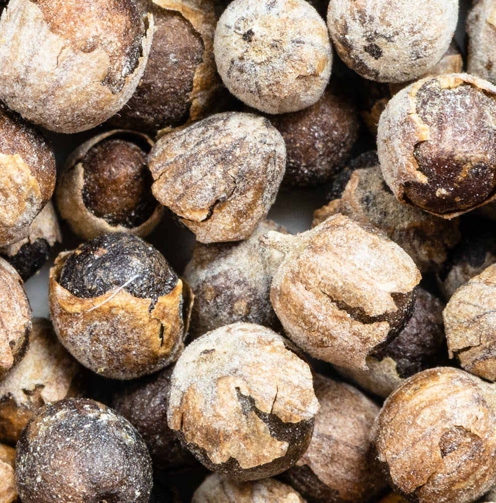 Close-up of dried monk fruit balls with cracked outer shells, showing their textured surface and brown color.