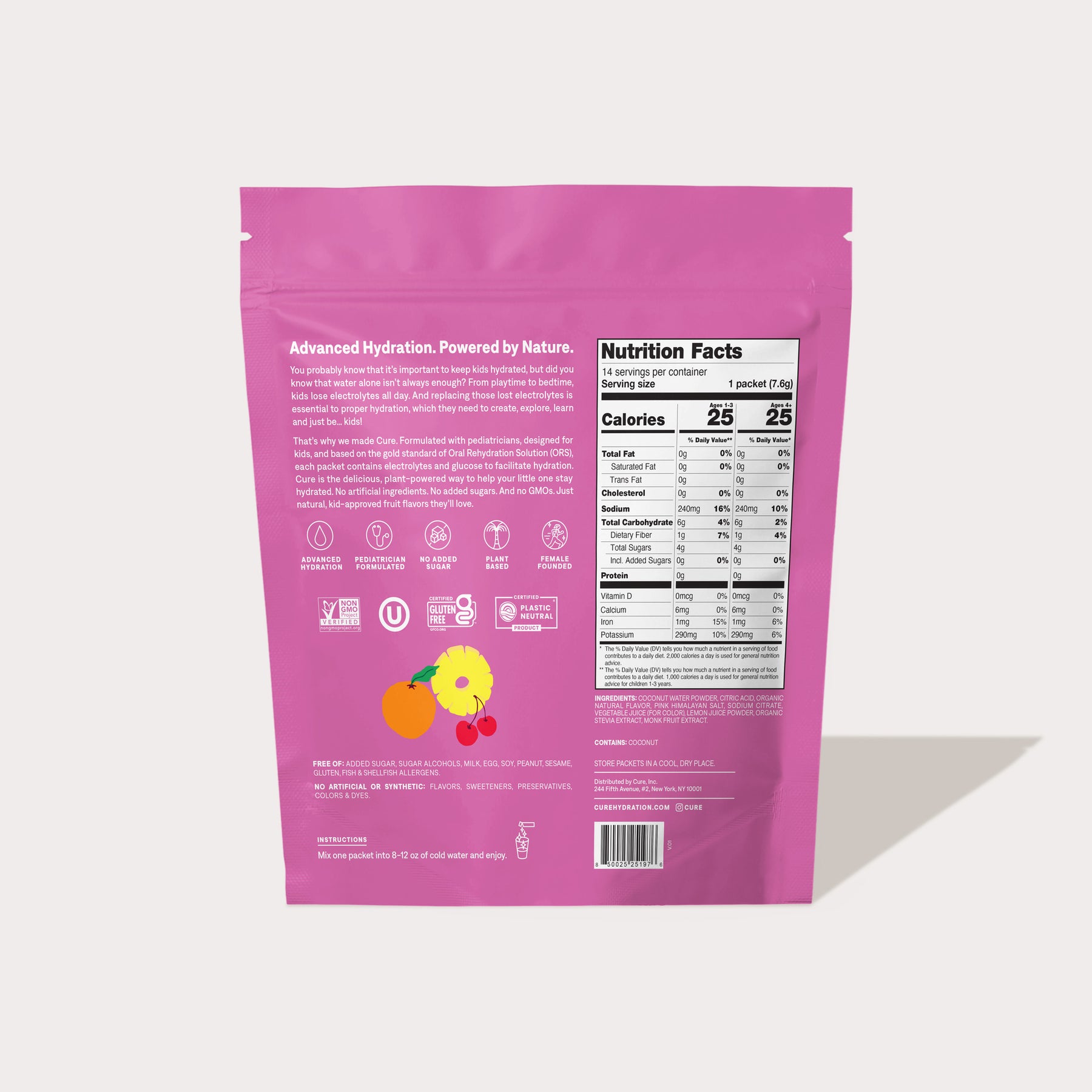 Back of a pink product package labeled Fruit Punch with nutrition facts and ingredient information
