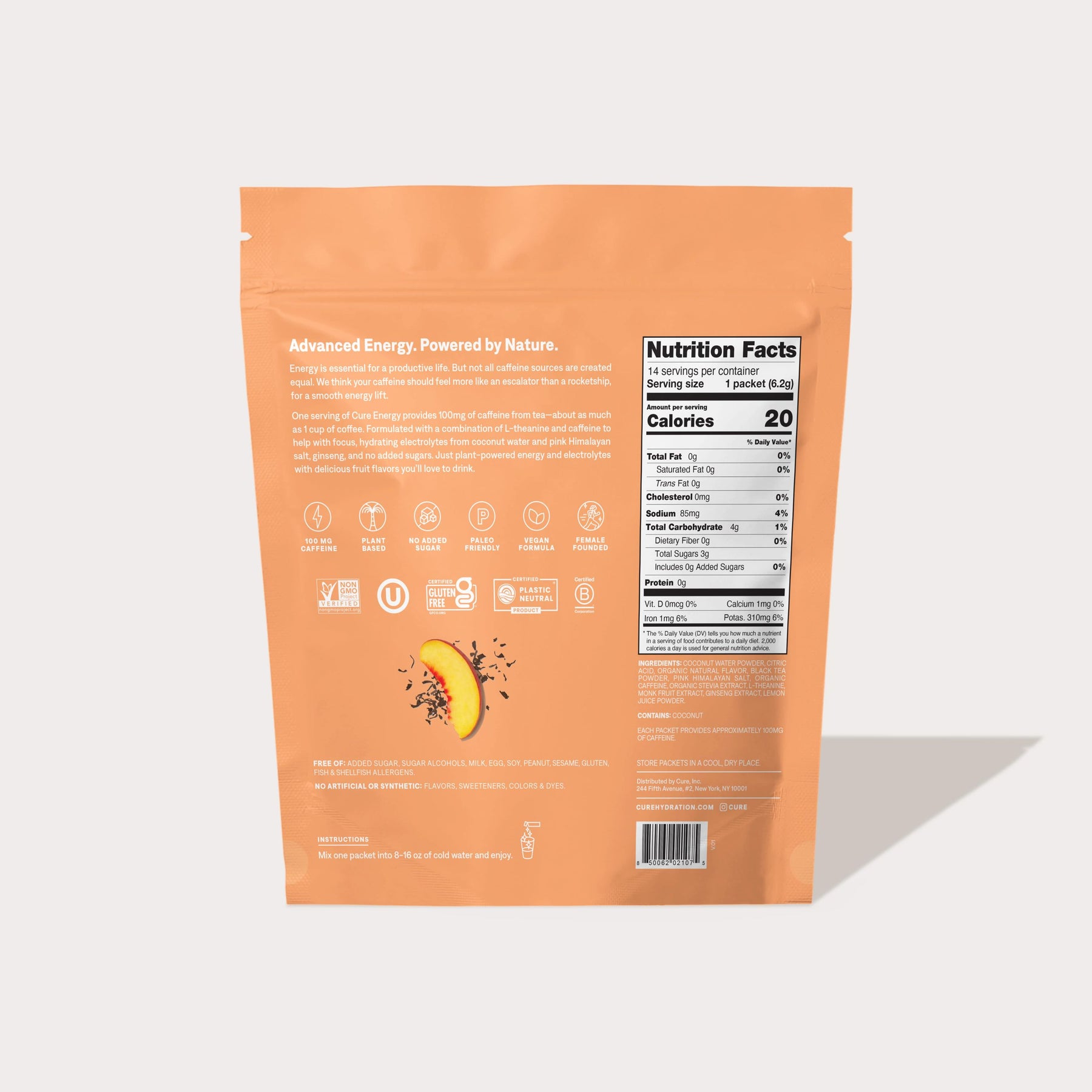 Back of peach-colored product package showing nutrition facts and product information text
