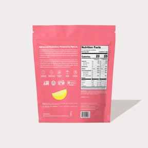 Back of pink lemonade flavored hydration powder package showing nutrition facts and product information