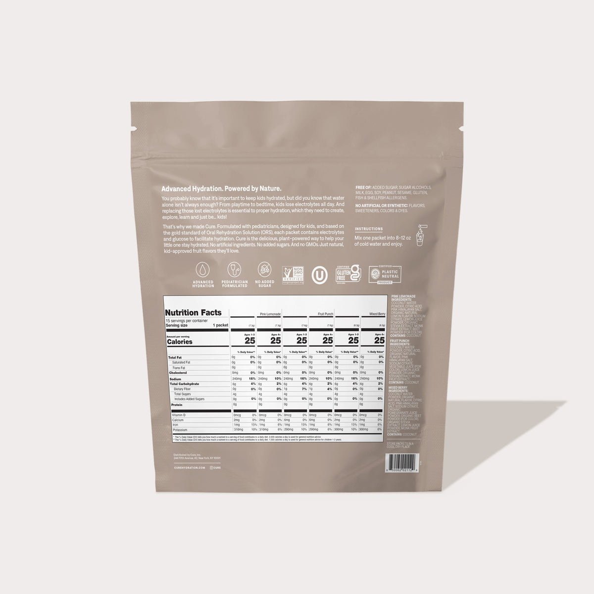 Back of Kids Variety Pack Case showing nutrition facts and product information text.