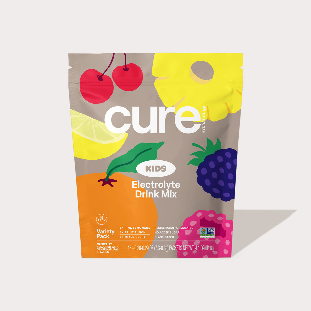 Cure Kids Electrolyte Drink Mix Variety Pack with images of cherries, lemon, pineapple, blackberry, and raspberry