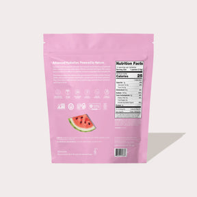 Back of pink package with watermelon image and nutrition facts label
