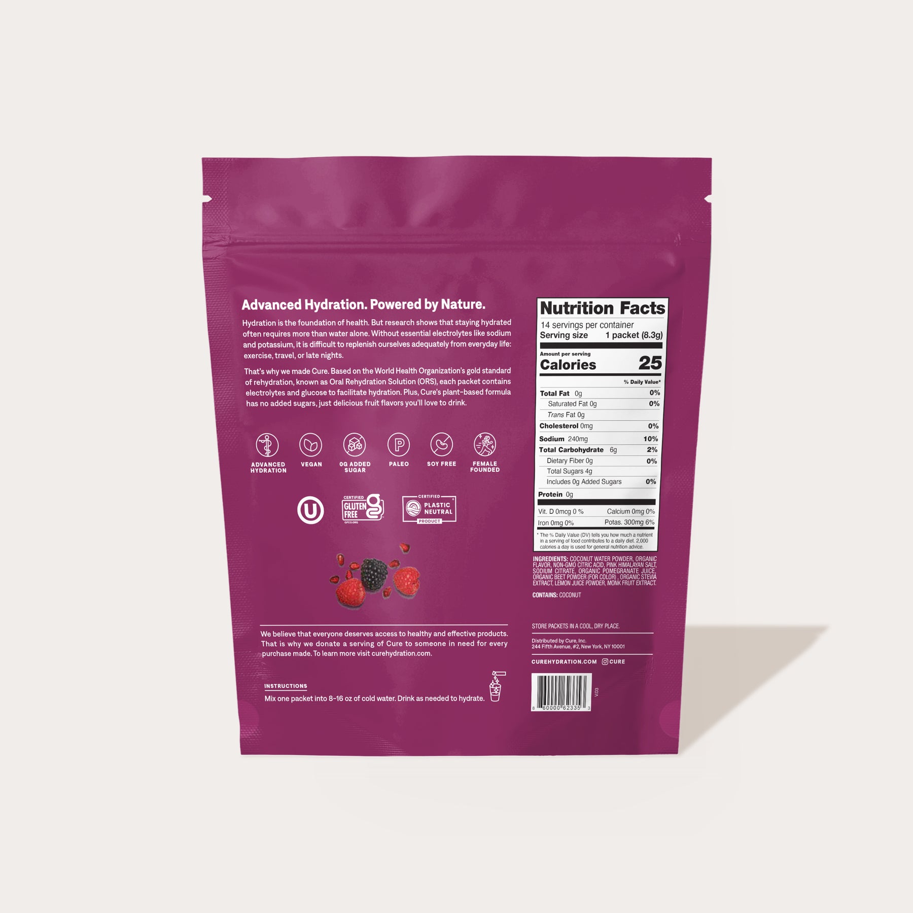 Back of a purple product package showing nutrition facts, ingredients, and product information for a Strawberry Kiwi/Berry Pomegranate Bundle
