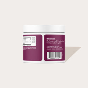 Supplement jar labeled 'Berry Pomegranate Bulk Jar' with instructions: 'Mix 1 scoop into 8-10 oz of water. Drink as needed for taste.' Includes barcode and nutritional facts.