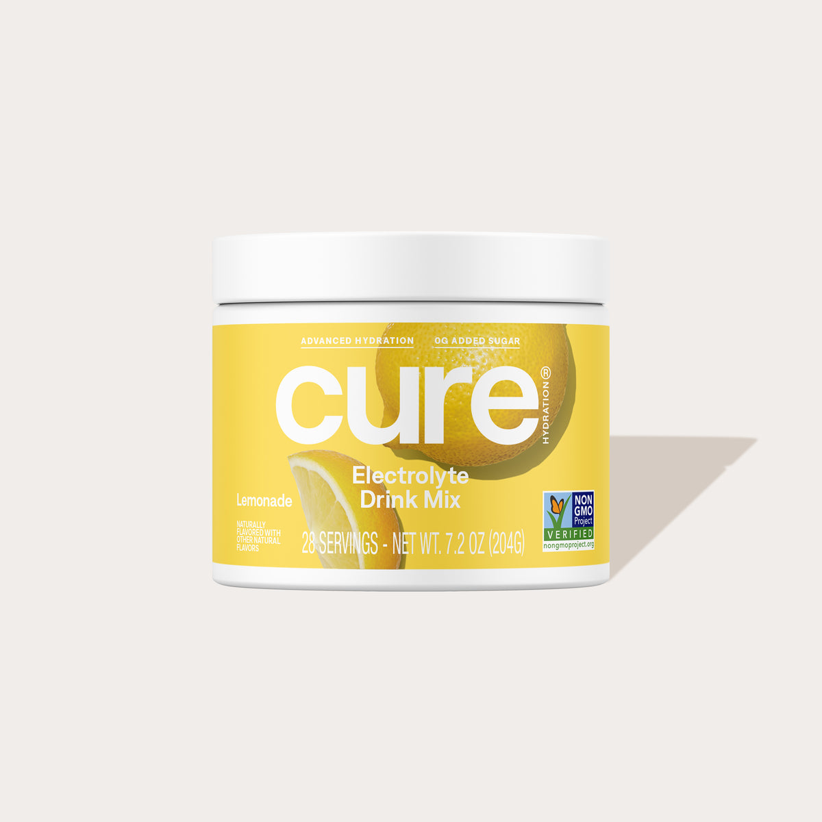 Cure Electrolyte Drink Mix Lemonade flavor in a white jar with yellow label