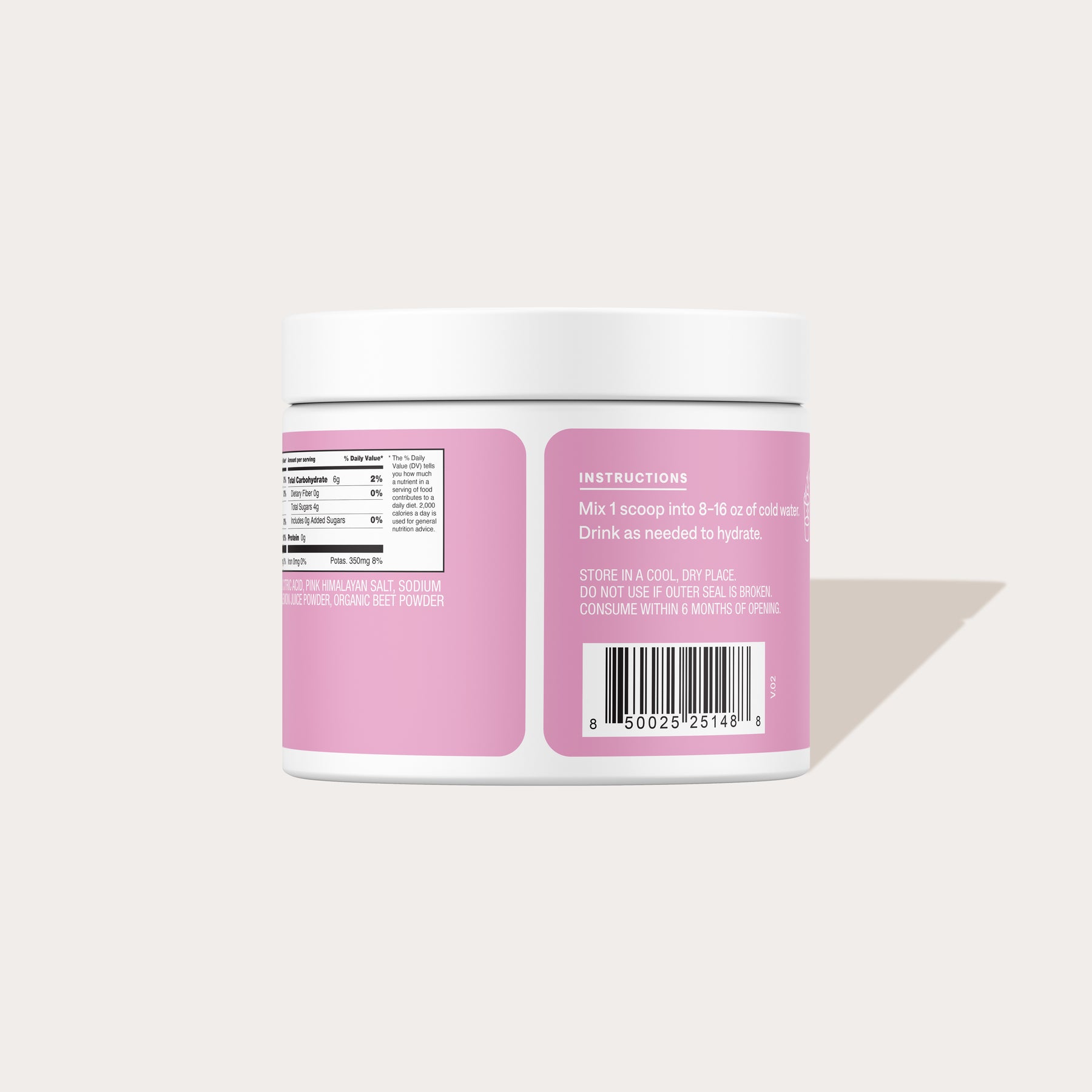 White jar with a pink label showing nutritional facts, instructions, and a barcode on the back side