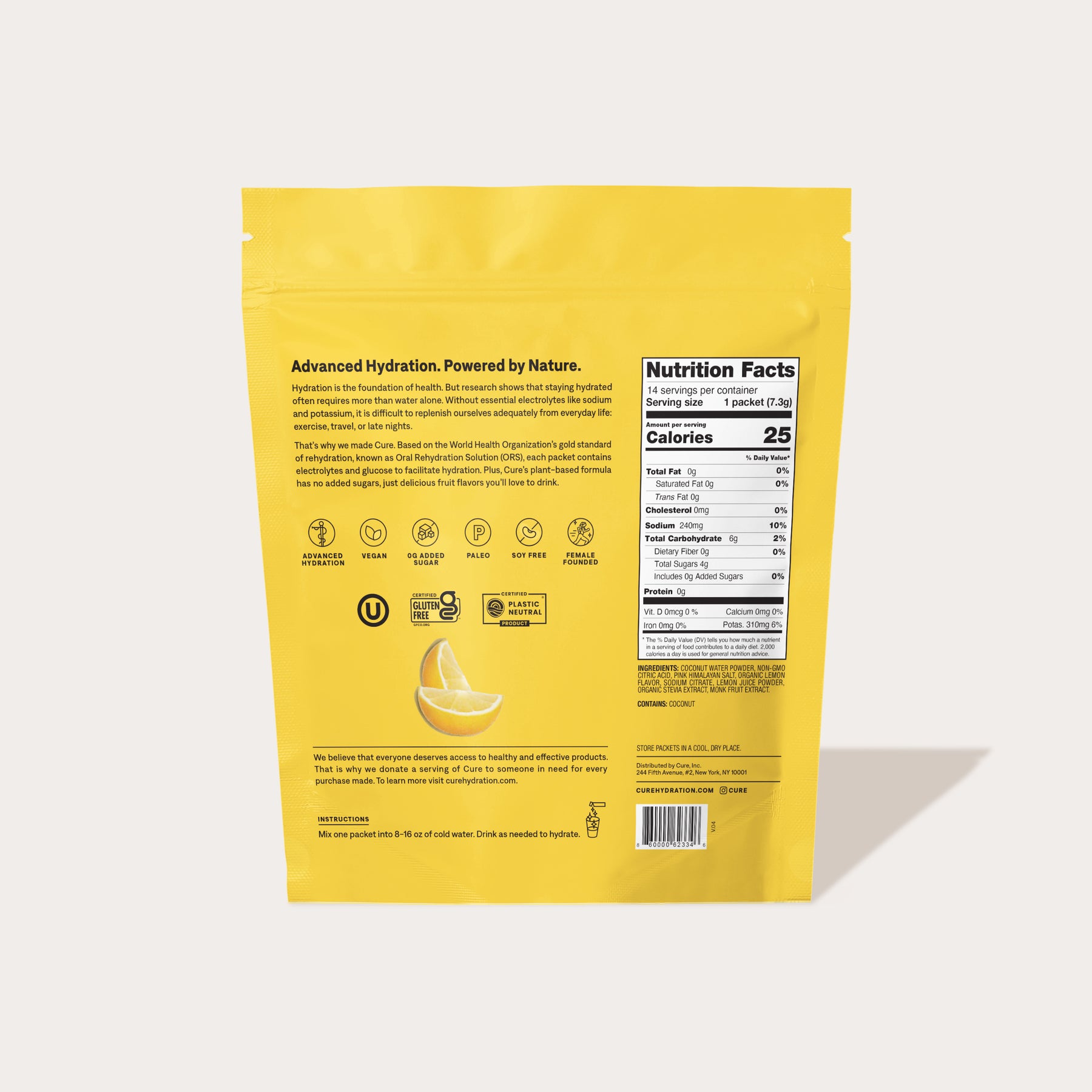 Back of yellow product package showing nutrition facts, usage instructions, and a lemon wedge illustration