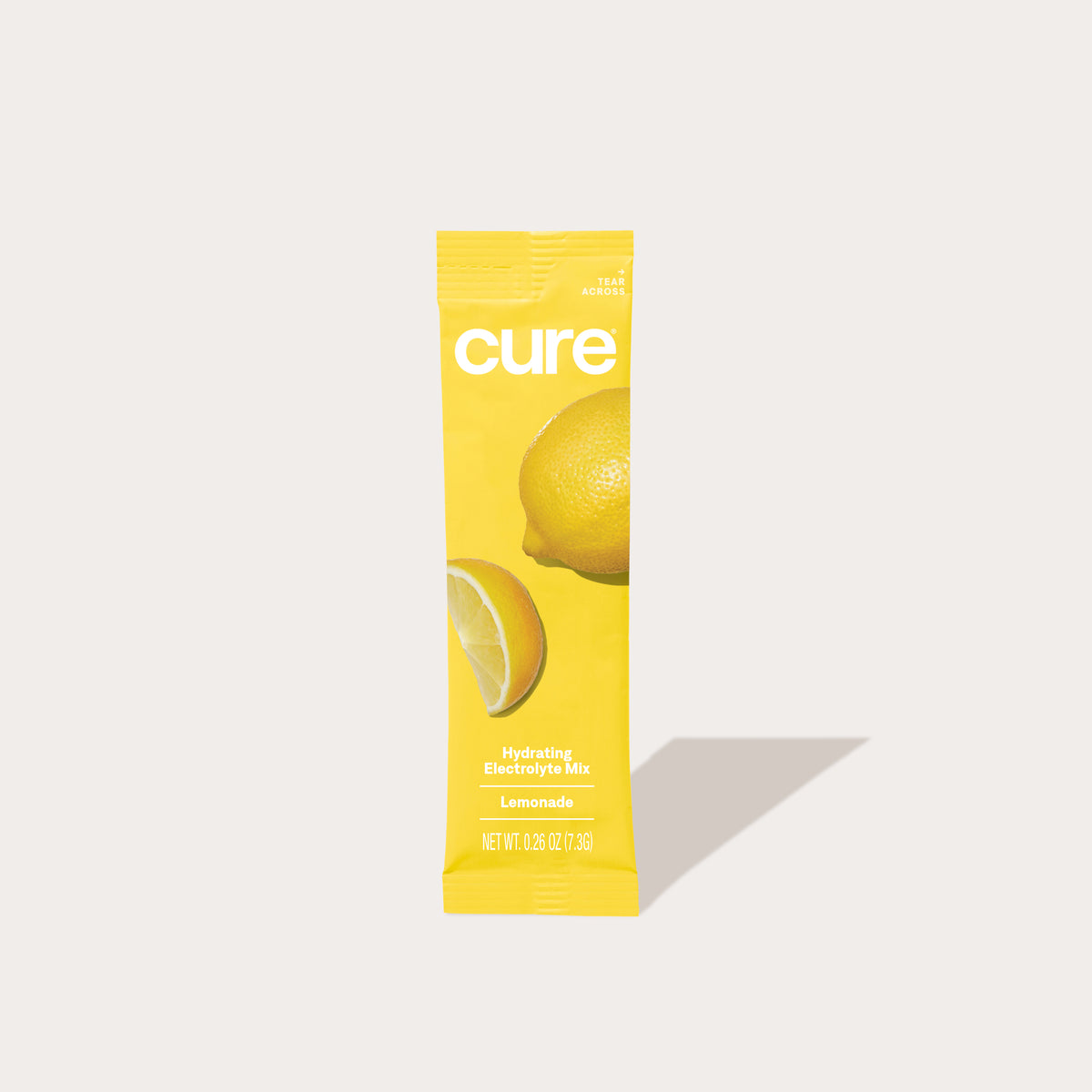 Cure Hydrating Electrolyte Mix Lemonade with image of lemon slice on yellow packaging