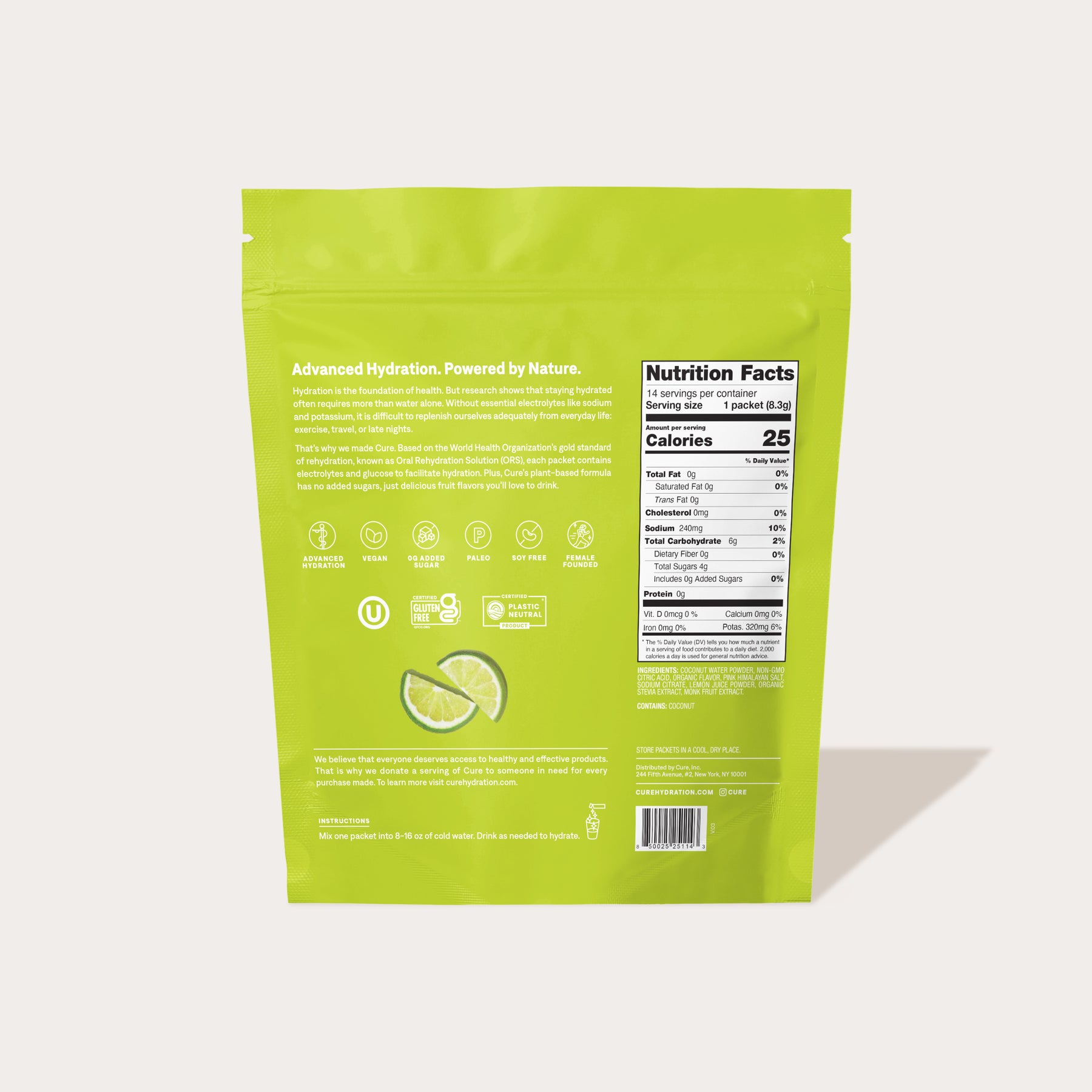 Back of a green product package with nutrition facts and text including 'Nutrition Facts', 'Calories 25', and ingredients information.