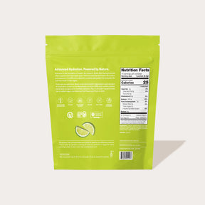 Back of a green product package with nutrition facts and text including 'Nutrition Facts', 'Calories 25', and ingredients information.