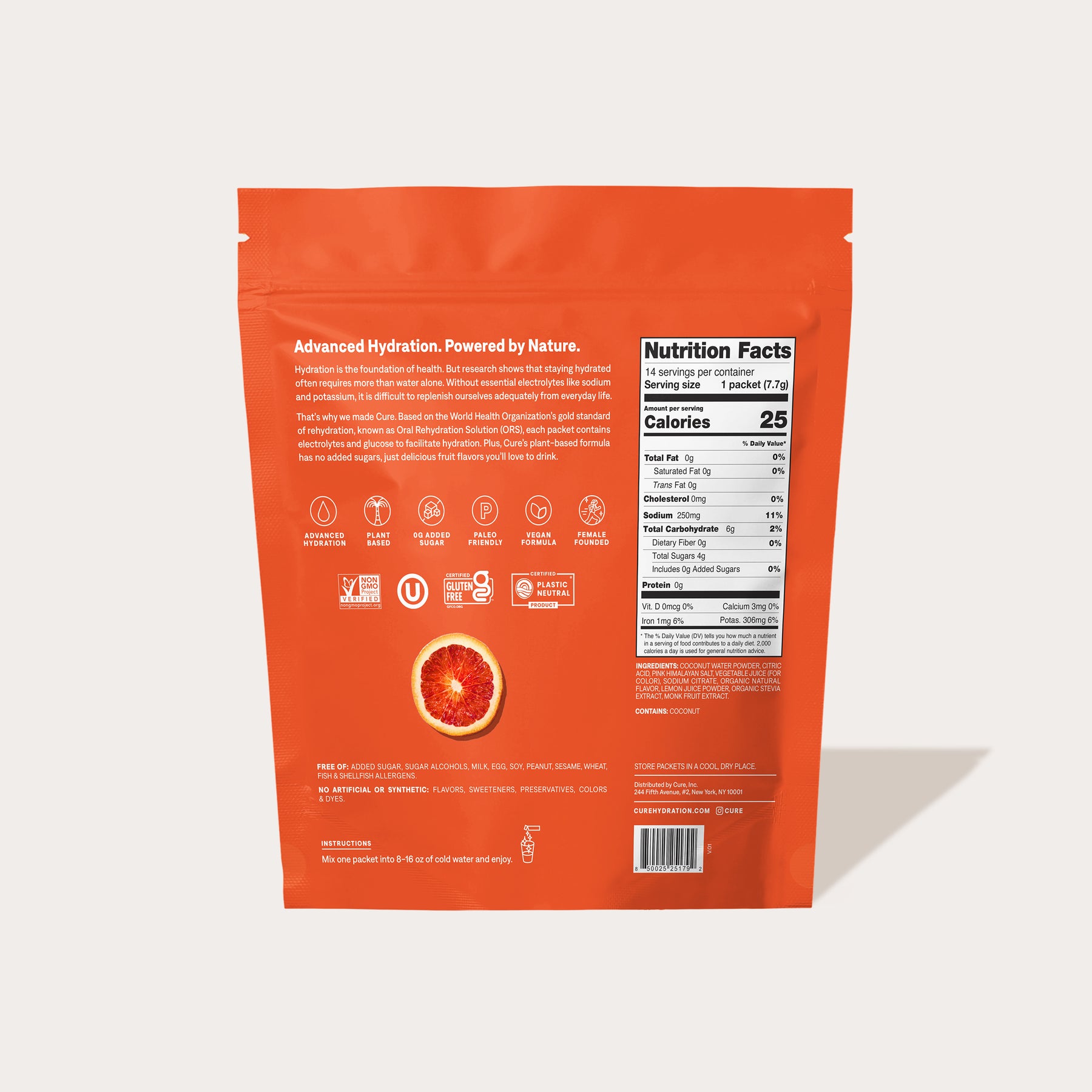 Back of an orange product package showing nutrition facts and a blood orange slice illustration