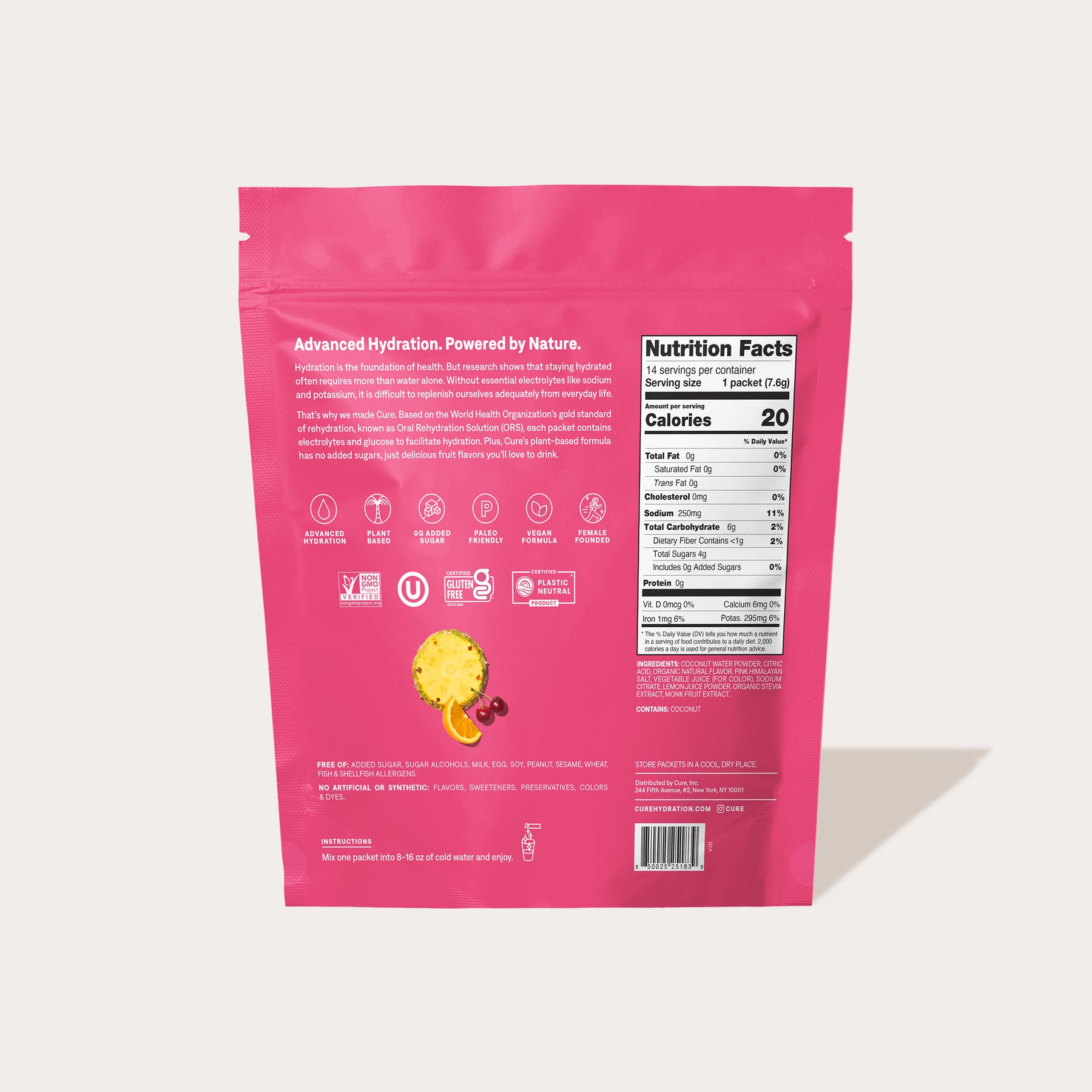 Back of pink Tropical Punch flavored hydration powder pouch showing nutrition facts and product information.