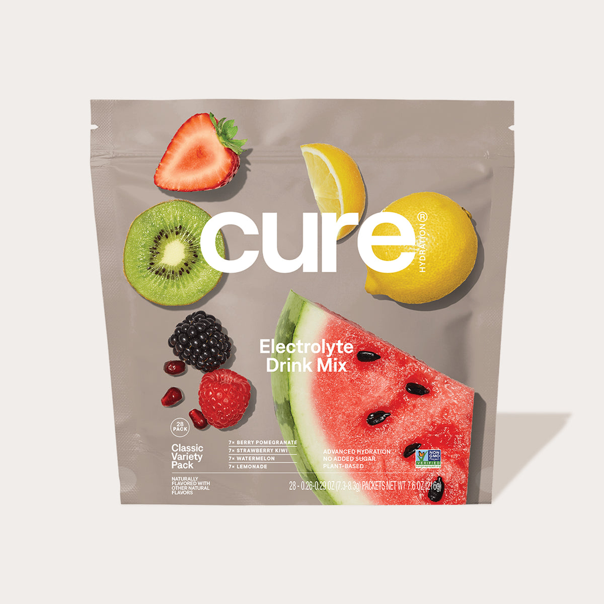 Cure Hydration Electrolyte Drink Mix Classic Variety Pack with images of strawberry, kiwi, lemon, blackberry, raspberry, pomegranate, and watermelon
