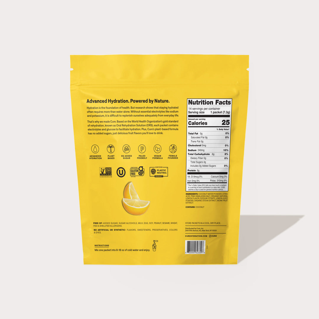 Back of a yellow lemonade product package showing nutrition facts, ingredients, and a lemon wedge illustration.