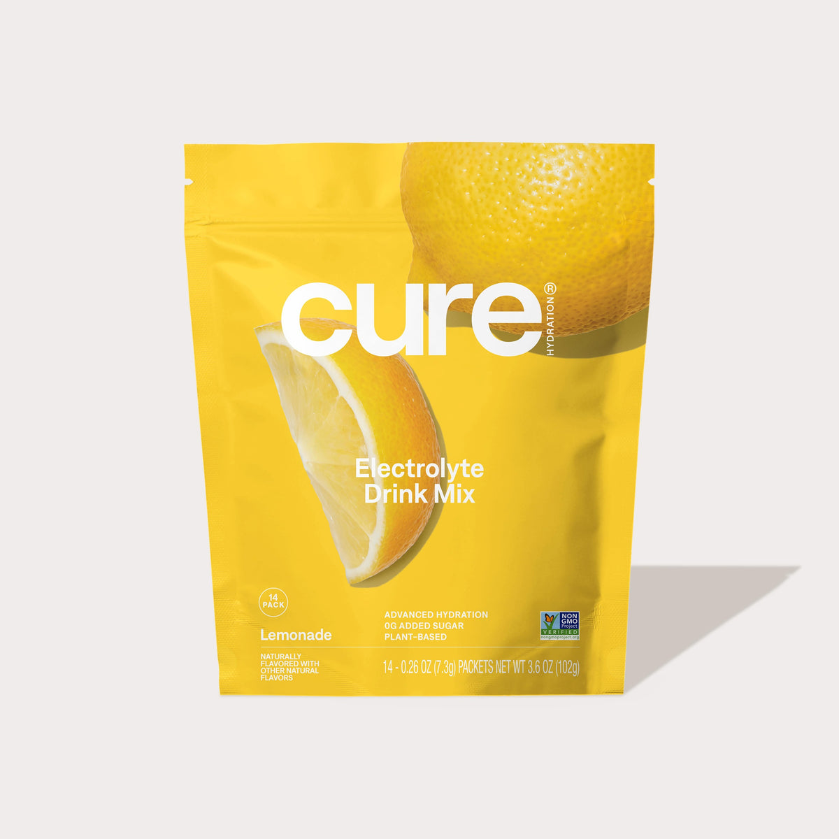 Cure Electrolyte Drink Mix Lemonade flavor packet with lemon and lime images