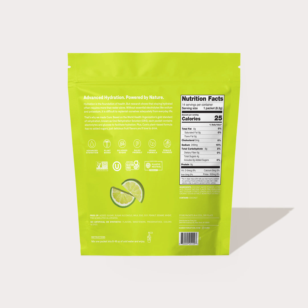 Back of a green product package showing nutrition facts, lime slices illustration, and product information text.