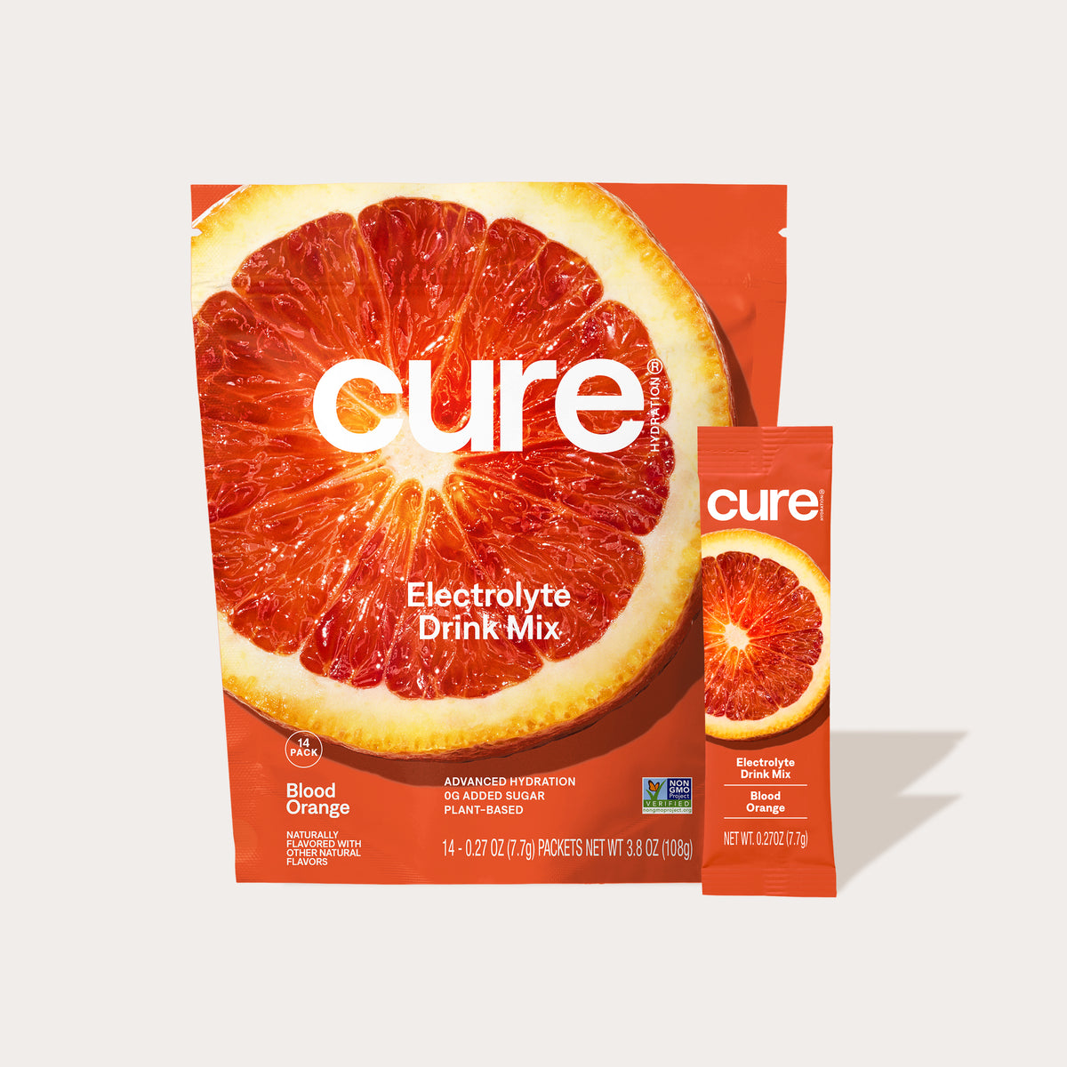 Cure Electrolyte Drink Mix Blood Orange flavor packaging showing a large sliced blood orange and a stick pack