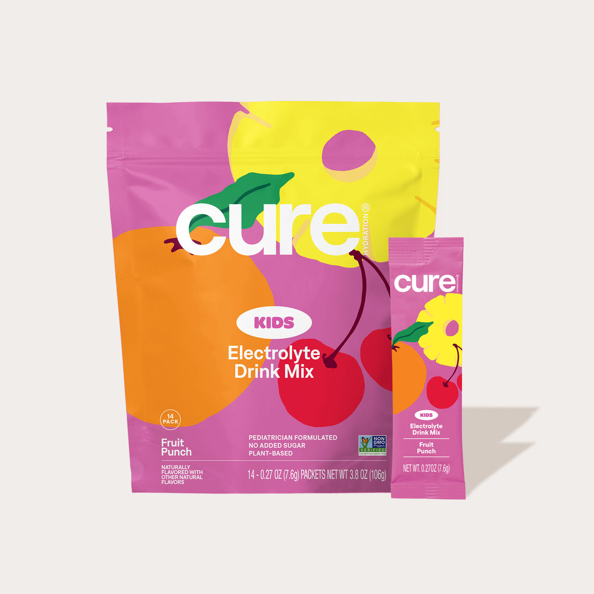 Cure KIDS Electrolyte Drink Mix Fruit Punch flavor packaging with a single serving stick