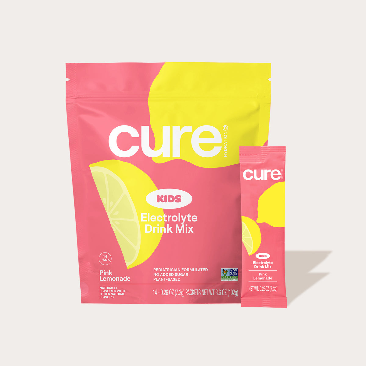 Cure Kids Electrolyte Drink Mix Pink Lemonade flavor package and single serving stick