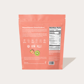 Back of a pink product package showing nutrition facts and icons, with images of a sliced kiwi and a strawberry.