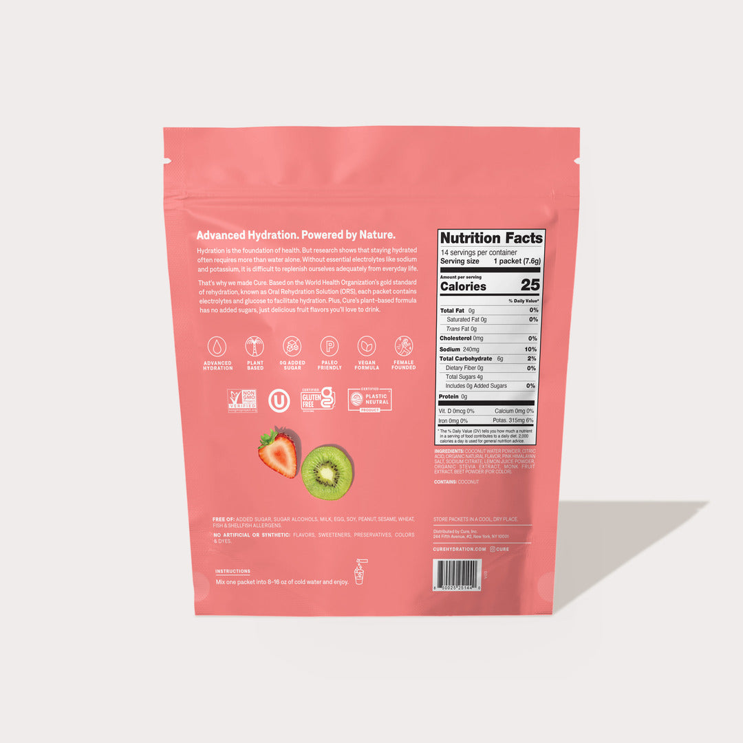 Back of a pink product package labeled 'Strawberry Kiwi' showing nutrition facts, icons for hydration benefits, and images of a strawberry and a kiwi slice.