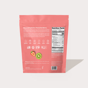 Back of a pink product package labeled 'Strawberry Kiwi' showing nutrition facts, icons for hydration benefits, and images of a strawberry and a kiwi slice.