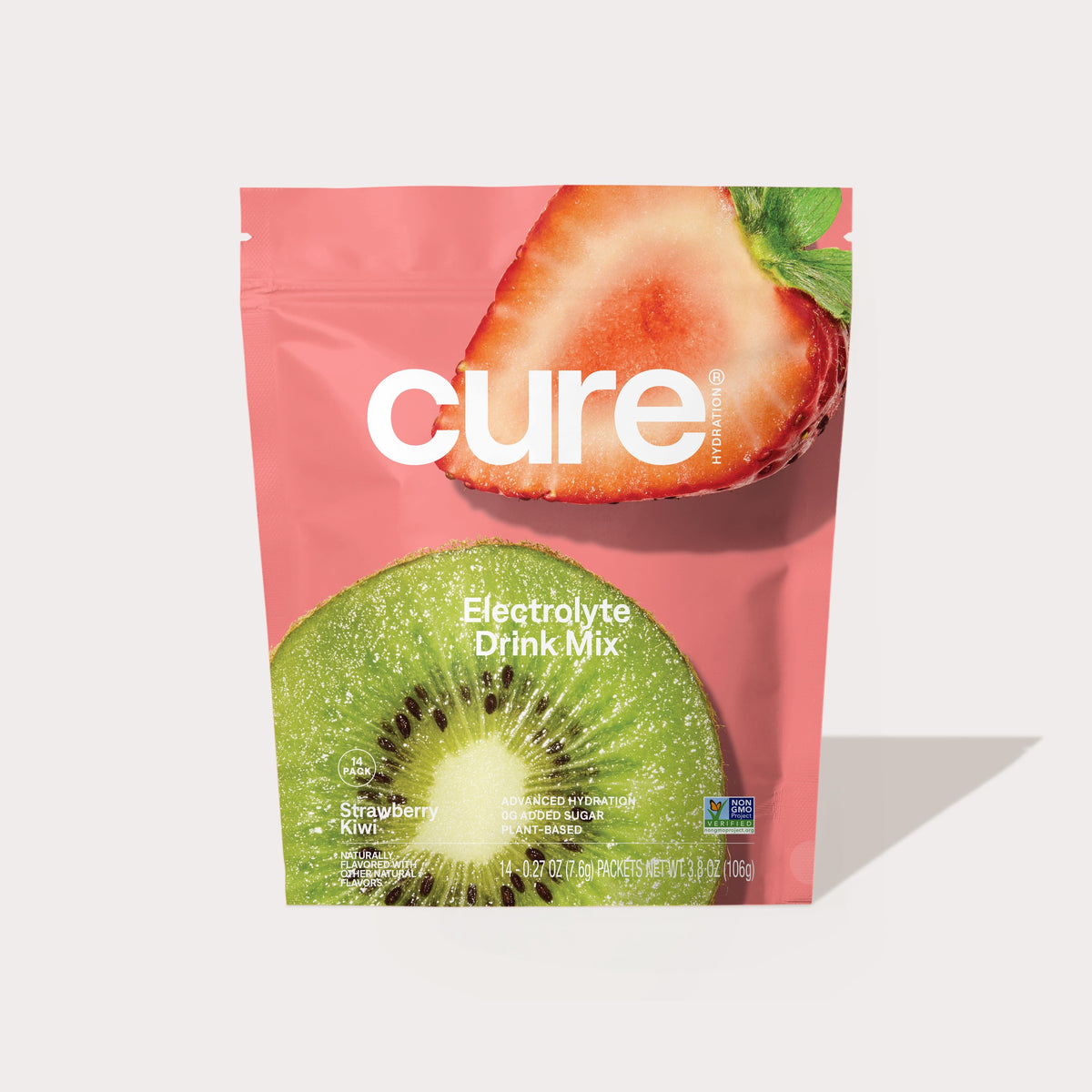 Package of Cure Electrolyte Drink Mix featuring a kiwi slice and a strawberry slice on a pink background