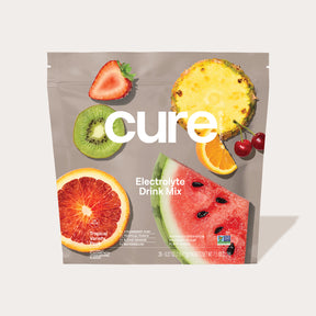 Cure Electrolyte Drink Mix Tropical Variety Pack with strawberry, kiwi, pineapple, orange, cherry, watermelon images