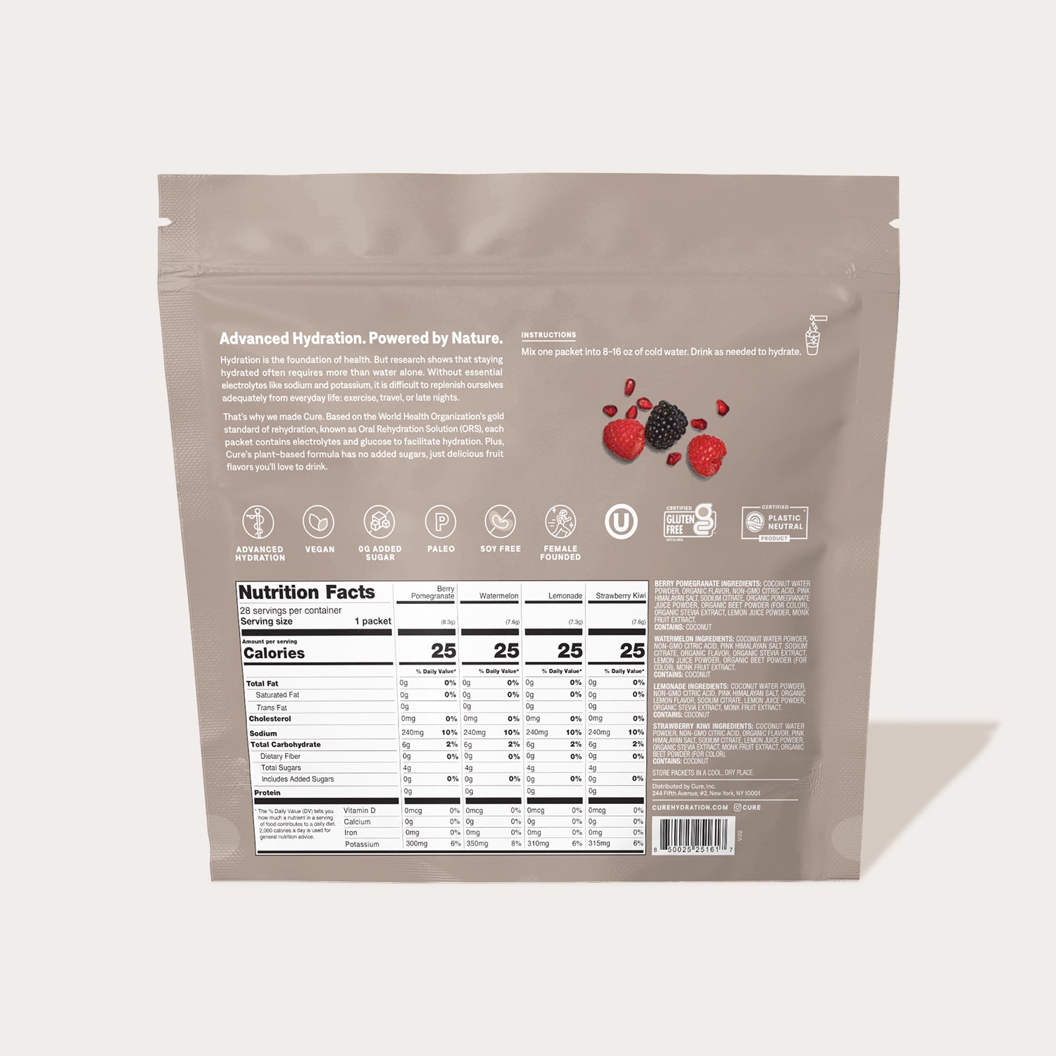 Back of a beige product package showing nutrition facts, ingredients, and a small image of berries.