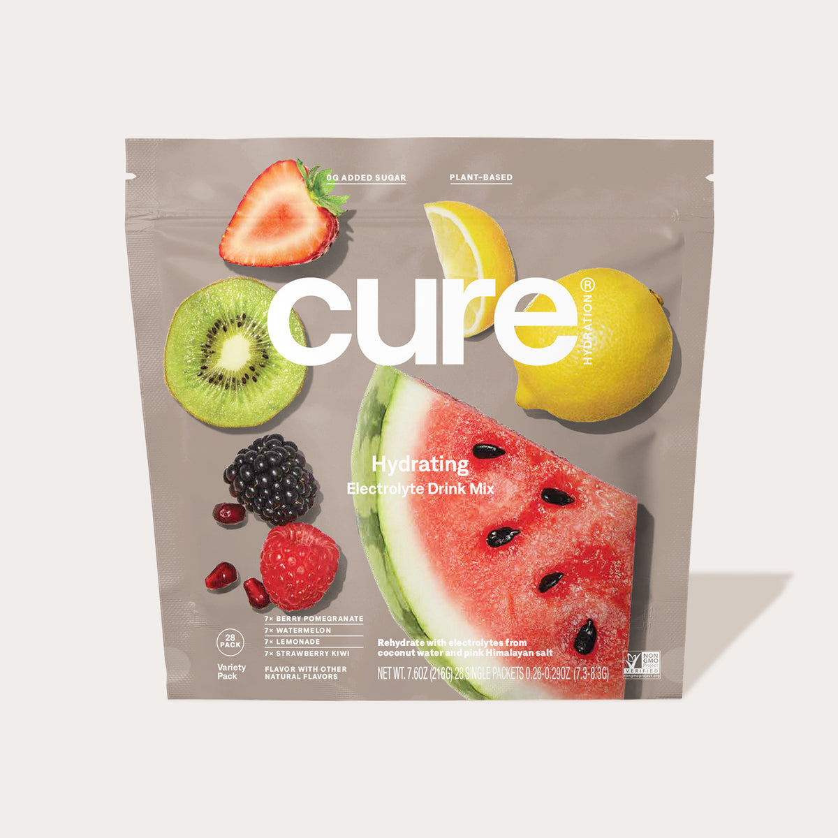 Package of Cure Hydrating Electrolyte Drink Mix featuring images of strawberry, kiwi, lemon, blackberry, raspberry, and watermelon.