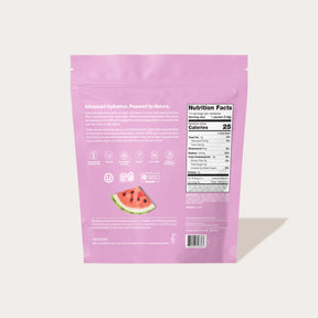 Pink product package with nutrition facts, a watermelon illustration.