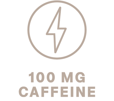 Lightning bolt icon above the text '100 MG CAFFEINE' indicating caffeine content