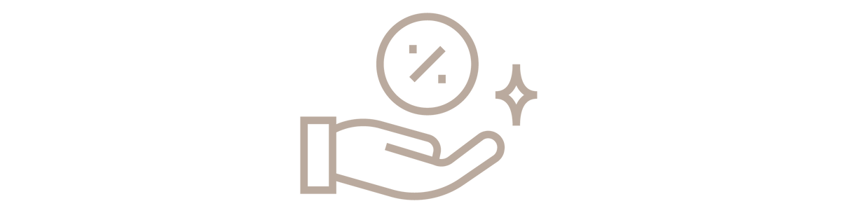 Hand holding a percentage symbol with a sparkle, representing a discount or offer