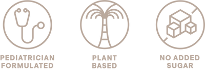 Three circular icons labeled 'PROBIOTICS', 'PLANT BASE', and 'SUGAR FREE'. The first icon shows a stethoscope, the second shows a plant leaf, and the third shows a cube with a diagonal line through it.