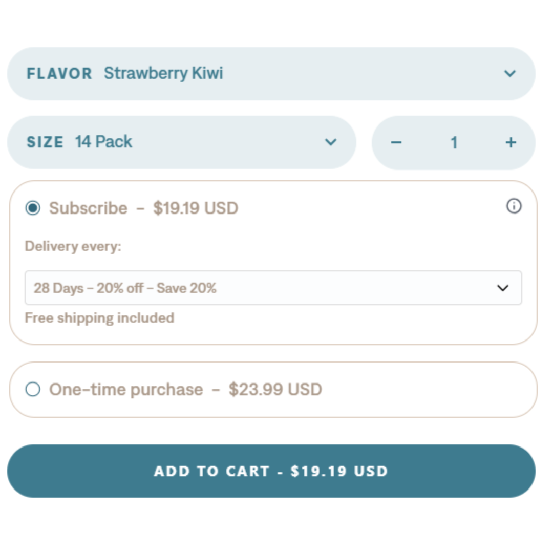 Product options interface showing flavor Strawberry Kiwi, size 14 Pack, quantity 1, subscription option with 28 Days delivery and 20% off, one-time purchase option, and add to cart button.