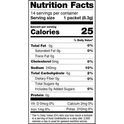 Nutrition Facts label showing calories 25, sodium 240mg, total carbohydrate 6g, protein 0g per serving