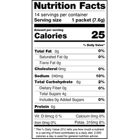Nutrition Facts label for Strawberry Kiwi Sample Stick showing 14 servings per container, 25 calories per serving, 0g total fat, 240mg sodium, 6g total carbohydrates, and 0g protein.