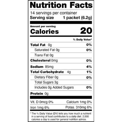 Nutrition Facts label showing 14 servings per container, serving size 1 packet (6.2g), 20 calories per serving, 0g total fat, 0mg cholesterol, 85mg sodium, 4g total carbohydrate, 0g protein, with daily value percentages.