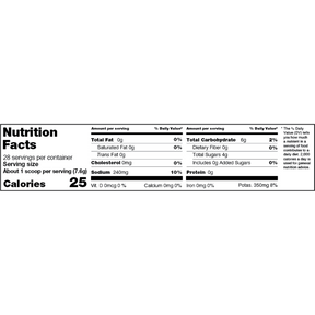 Nutrition Facts label showing 28 servings per container, serving size 7.4g, 25 calories per serving, 0g total fat, 0mg cholesterol, 240mg sodium, 6g total carbohydrates, 0g protein, and 350mg potassium.