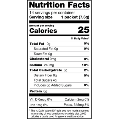 Nutrition facts label showing 25 calories, 0g fat, 240mg sodium, 6g carbohydrates per serving