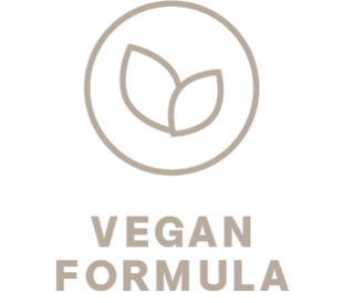 Circle enclosing two leaves above the text 'VEGAN FORMULA' in beige.